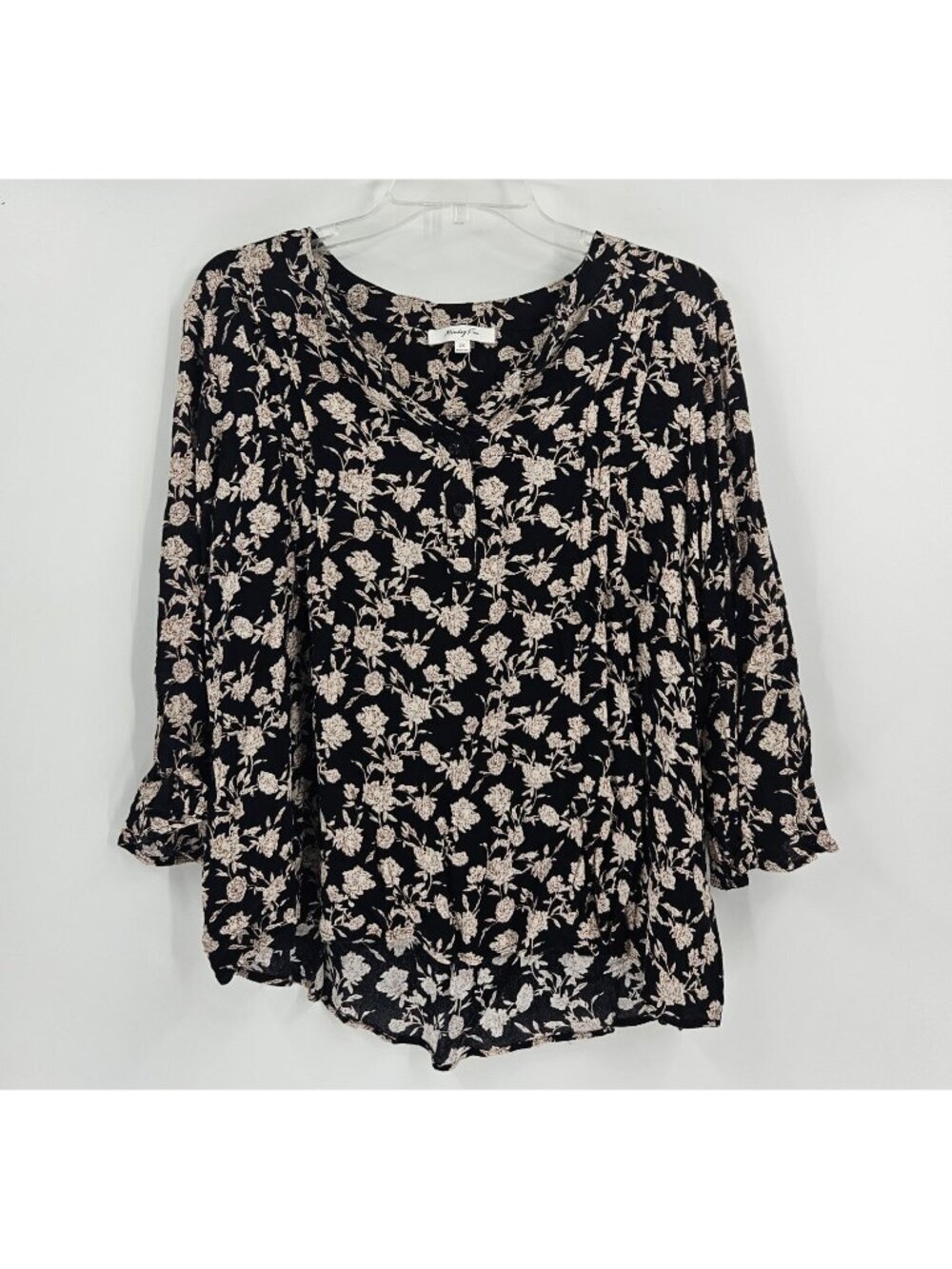 Monday Fun Women's 2X Black Floral Rayon Blouse 3/4 Sleeve Button Front Boho Top